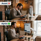 Graphique comparatif avant après de la posture ergonomique au bureau grâce au bras de support AeroFlex.