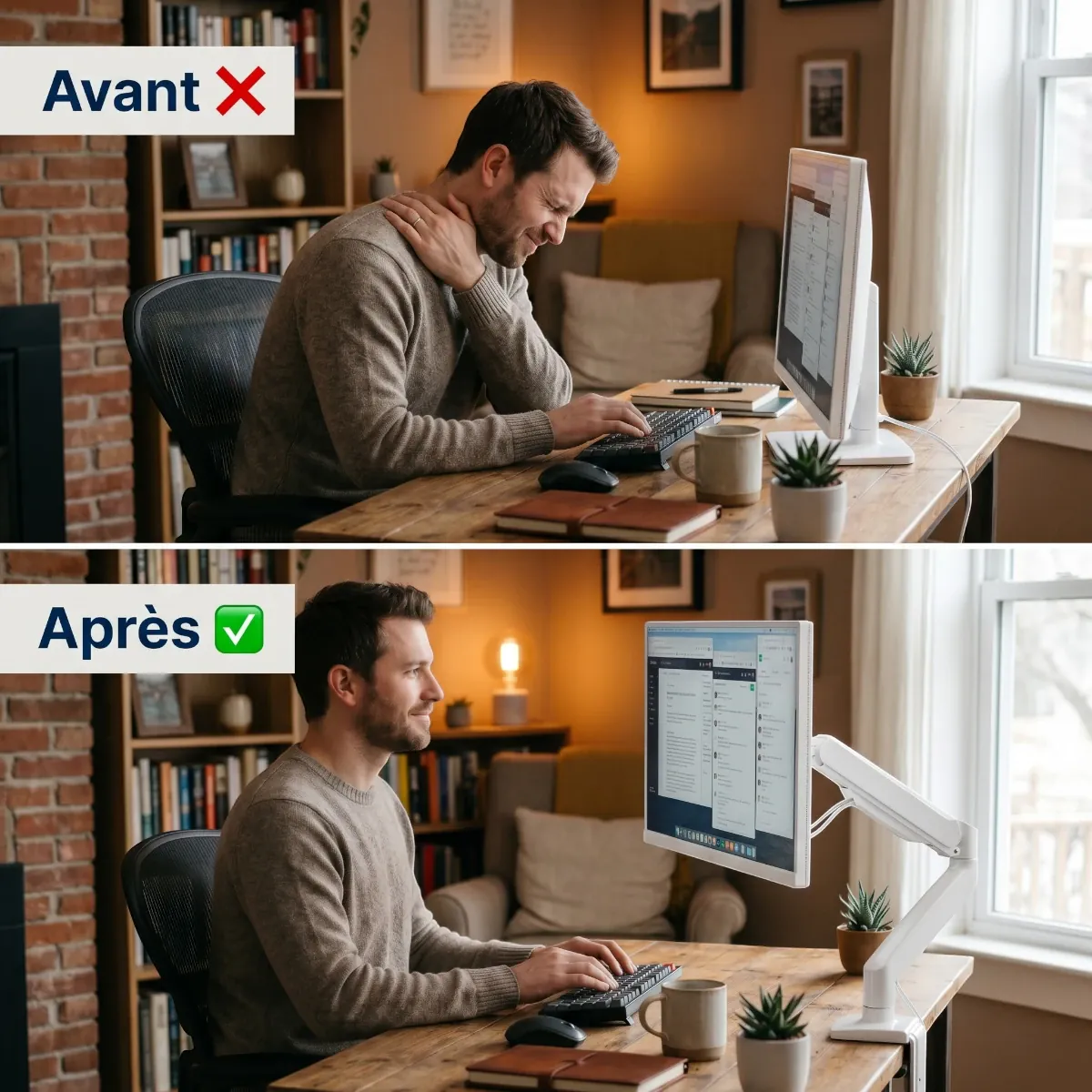 Graphique comparatif avant après de la posture ergonomique au bureau grâce au bras de support AeroFlex.