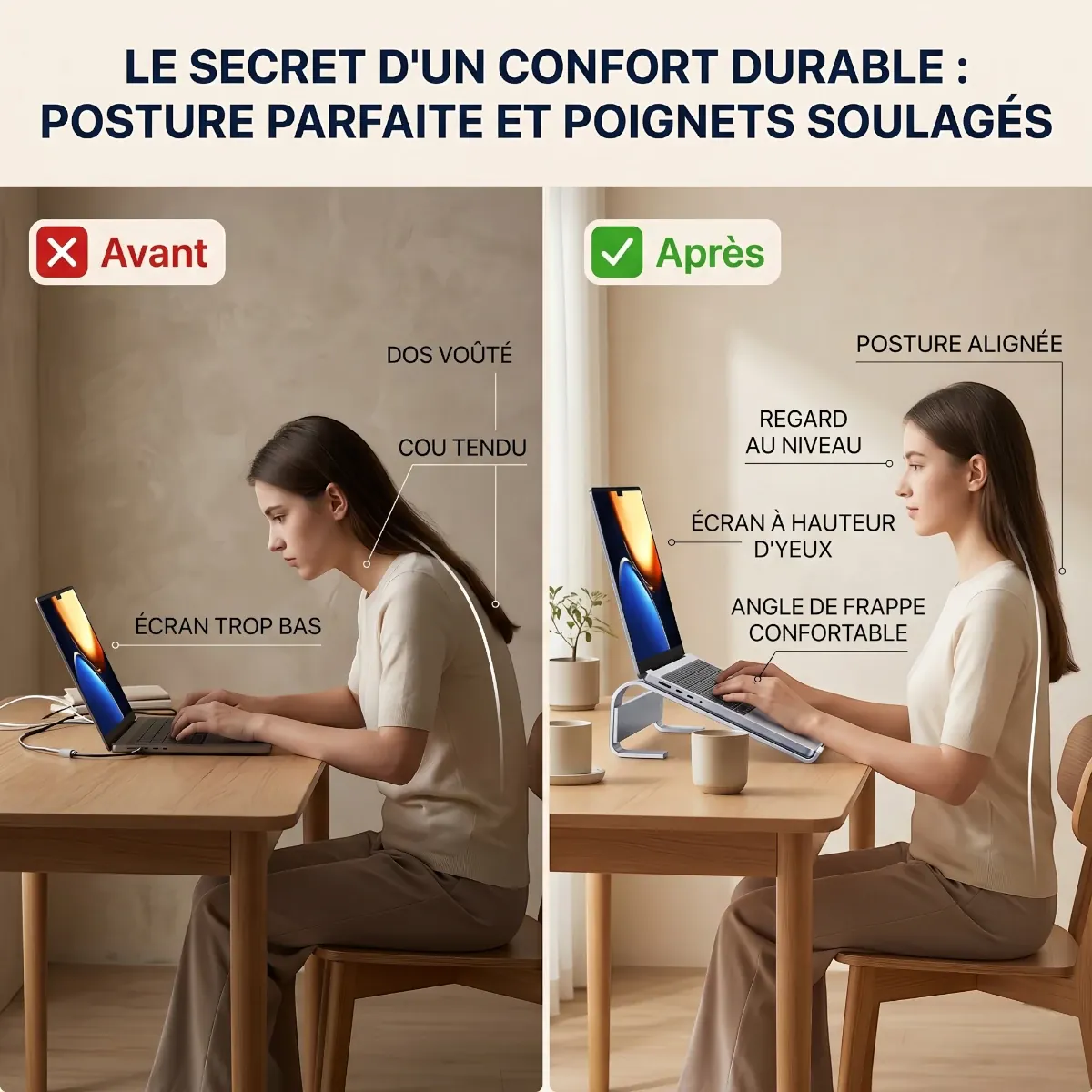 Infographie comparative avant après montrant l'amélioration de la posture grâce au rehausseur ordinateur portable.