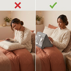 Avant et après : correction de la posture cervicale grâce au support tablette lit ErgoNest utilisé sur les genoux.
