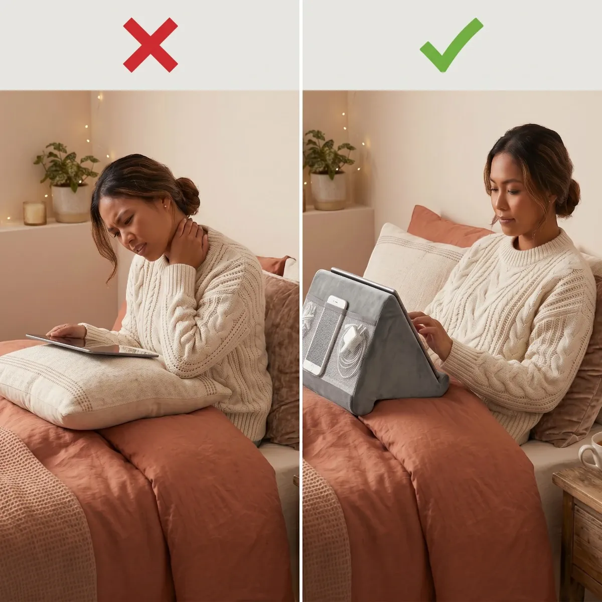 Avant et après : correction de la posture cervicale grâce au support tablette lit ErgoNest utilisé sur les genoux.
