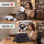 Comparatif Avant/Après : passez d'un sac à dos ordinateur femme désorganisé au porte-documents femme FlexoMax parfaitement rangé.