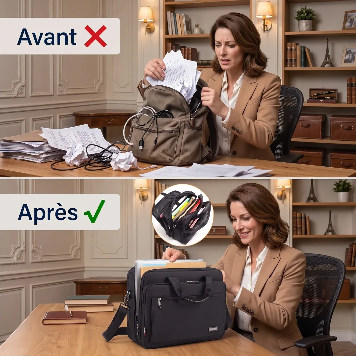 Comparatif Avant/Après : passez d'un sac à dos ordinateur femme désorganisé au porte-documents femme FlexoMax parfaitement rangé.