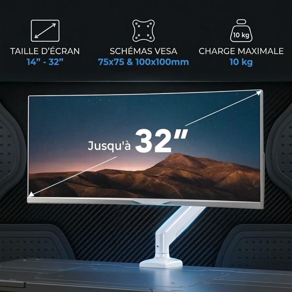 Caractéristiques de compatibilité VESA et charge maximale de 10kg pour support de moniteur.