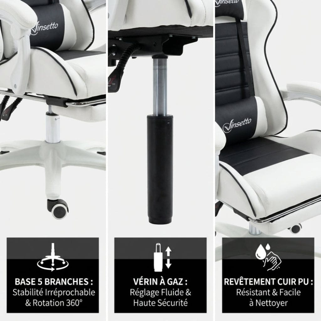 Zoom sur le vérin à gaz sécurisé et le revêtement cuir PU de la chaise ergonomique BunnyComfort.