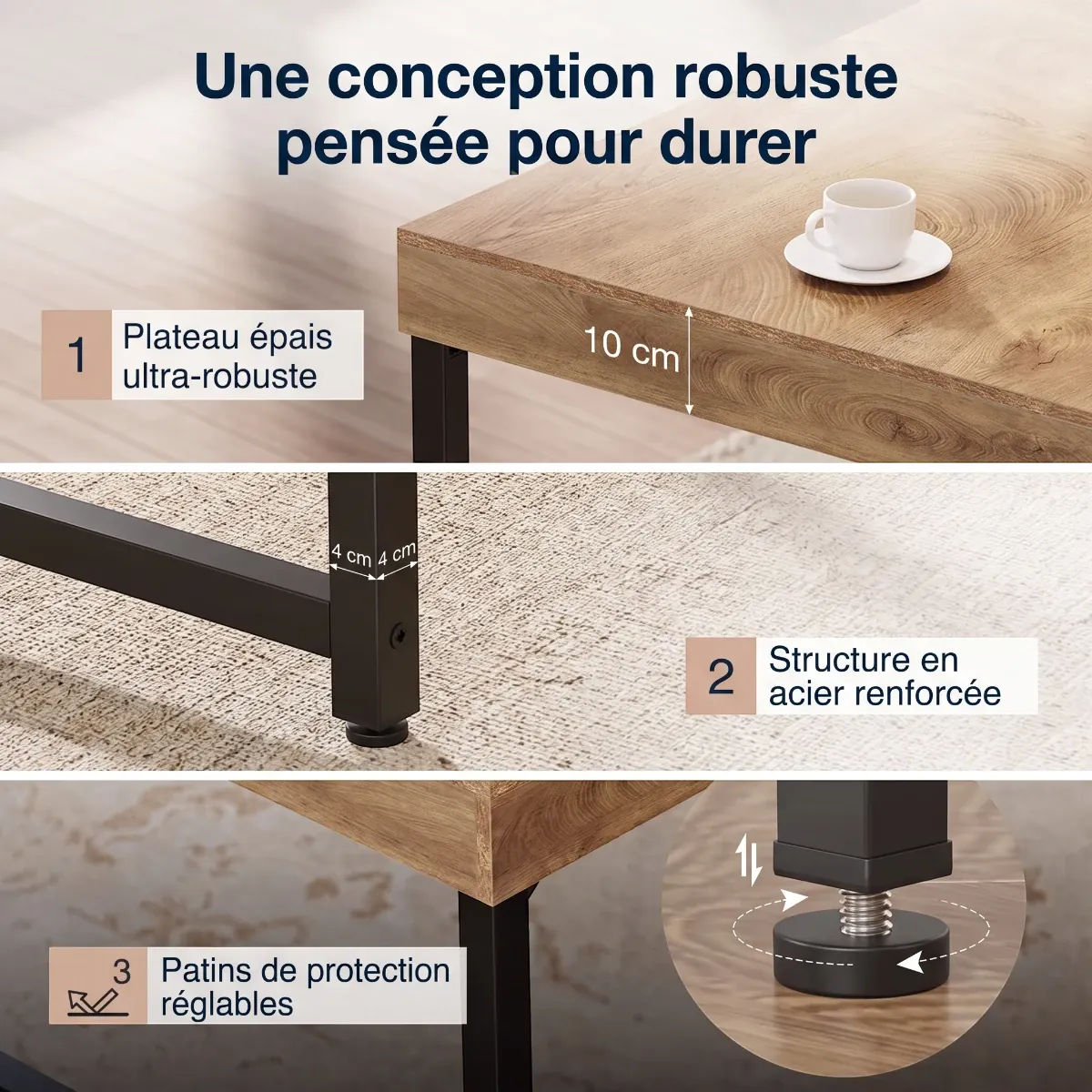 Détails de la conception robuste du bureau en bois TimberForge : plateau épais et structure renforcée