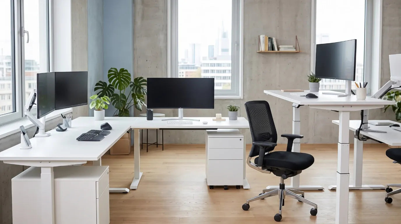 Un espace de bureau moderne et lumineux présentant différentes configurations de bureaux blancs, incluant un bureau d'angle avec double écran à gauche et un bureau assis-debout motorisé équipé d'une chaise ergonomique noire à droite.