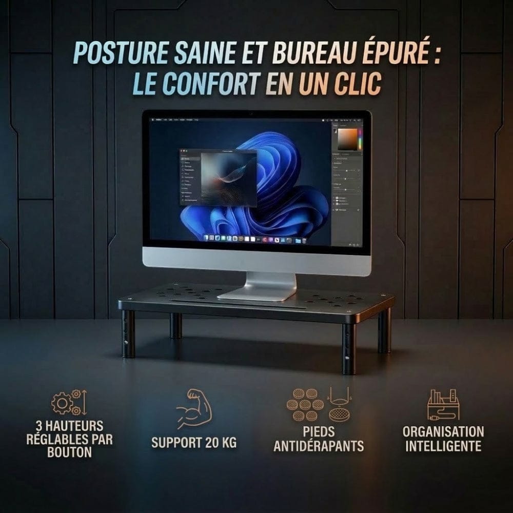 Support SteelElevation X3 supportant un écran type iMac avec icônes des caractéristiques principales.