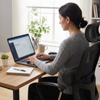 Femme travaillant en home-office utilisant le soutien lombaire Spinal Axis pour redresser sa posture devant un écran.