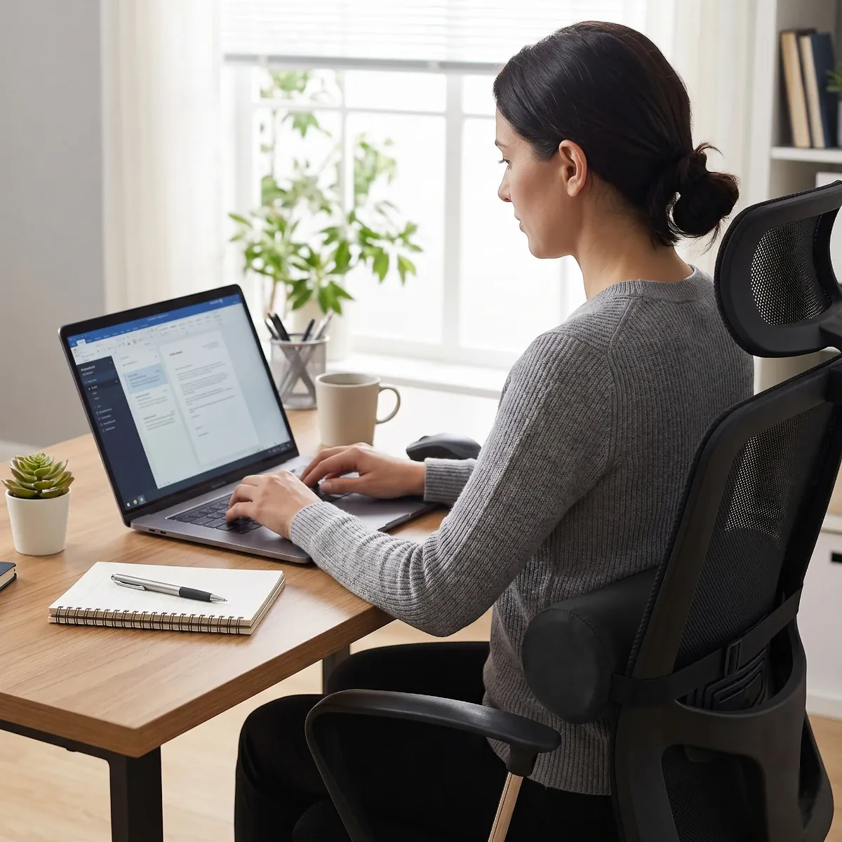 Femme travaillant en home-office utilisant le soutien lombaire Spinal Axis pour redresser sa posture devant un écran.