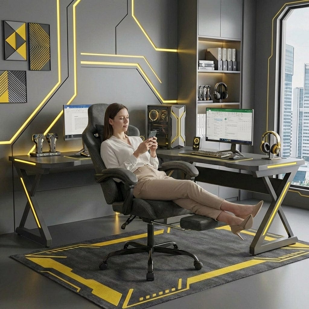 Femme utilisant le repose-pieds télescopique de la Chaise Ergonomique OMEGA-VIBE en position relaxante.