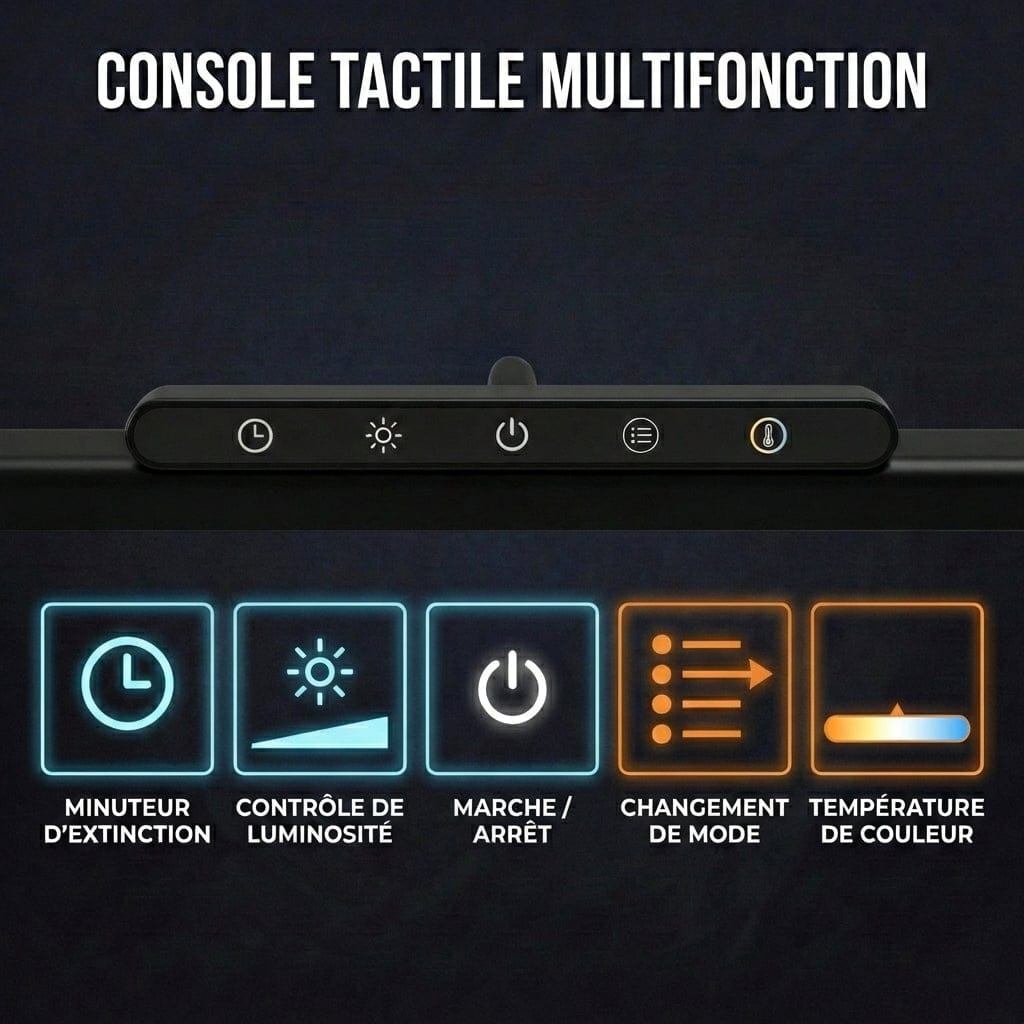 Détail de la console tactile multifonction de la lampe de bureau LED avec pince montrant les boutons de minuteur, luminosité et couleur.
