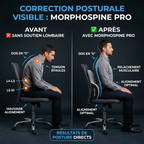 Comparaison avant/après montrant le redressement de la posture avec le coussin lombaire ergonomique MorphoSpine Pro.