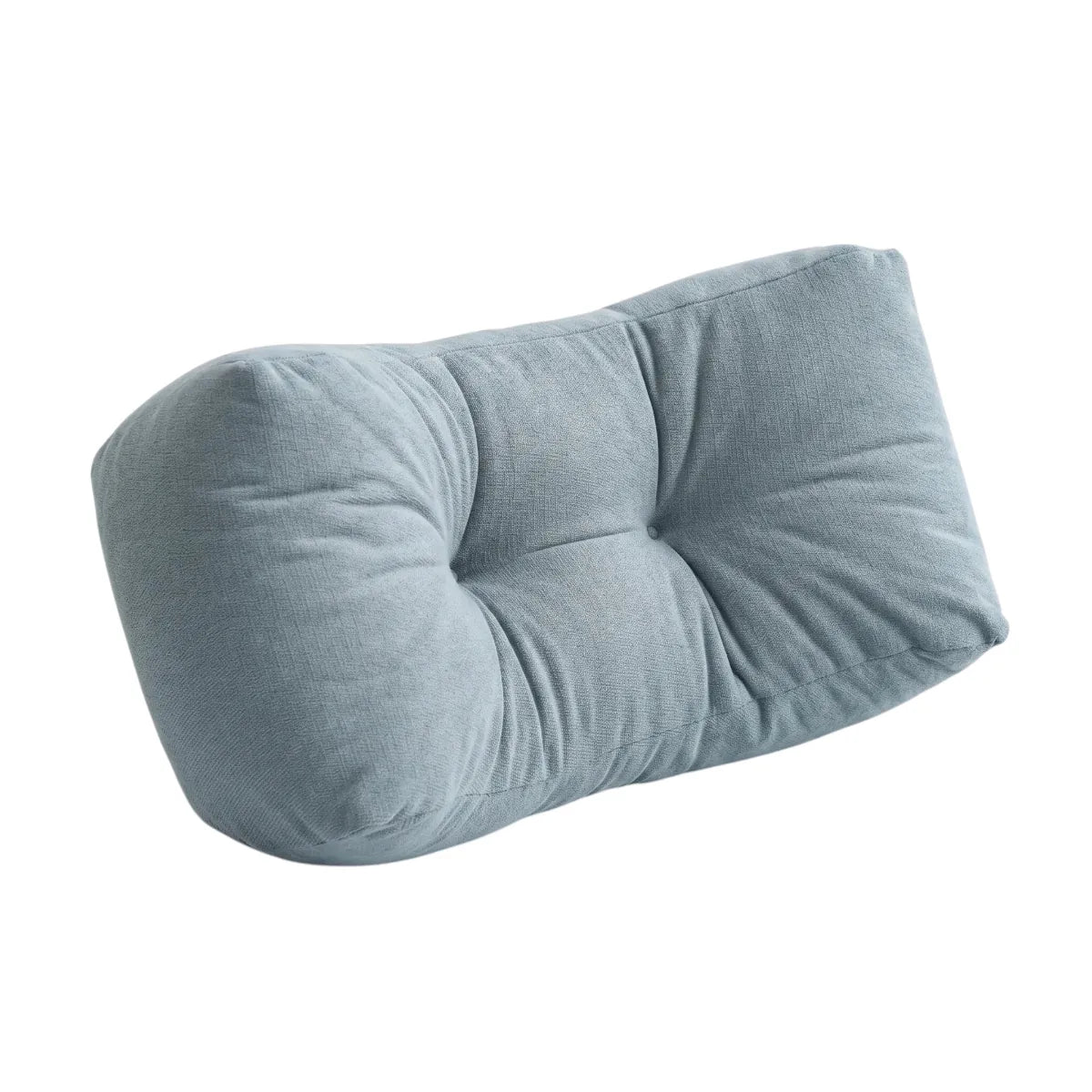 Vue studio du Coussin Lombaire Ergonomique Cocon Morpho bleu gris, accessoire premium de soutien et posture pour chaise de bureau.