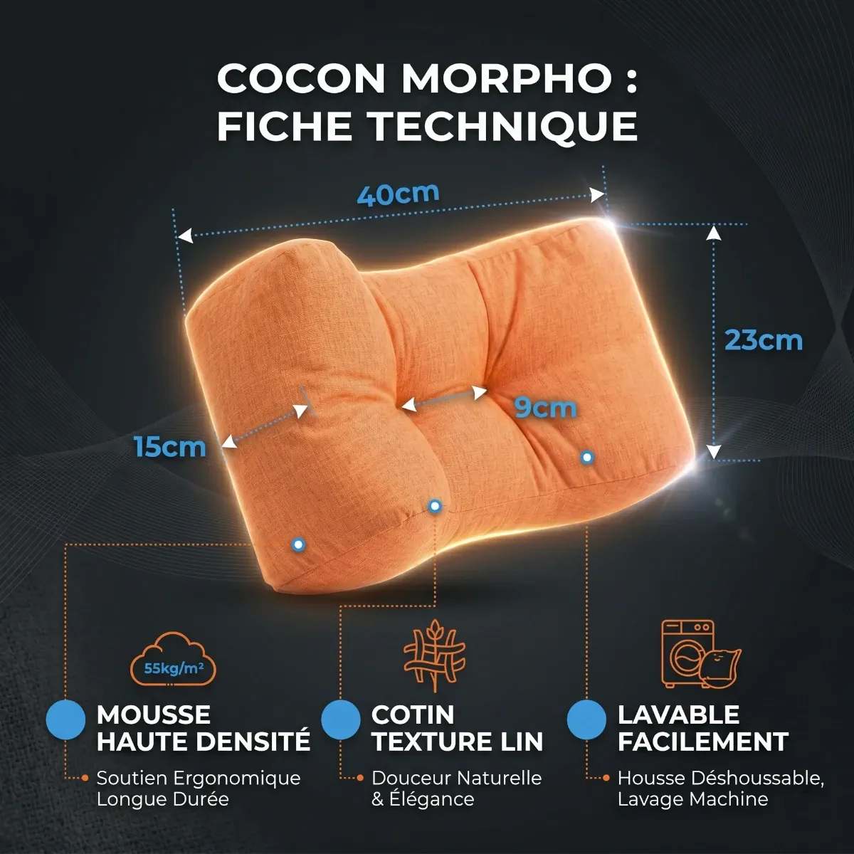 Fiche technique montrant les dimensions (40x23cm) du Coussin Lombaire Ergonomique Cocon Morpho pour un soutien et une posture optimisés.