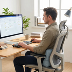 Homme travaillant en home-office avec le Coussin Lombaire Ergonomique Cocon Morpho pour un soutien dorsal et une posture parfaite.