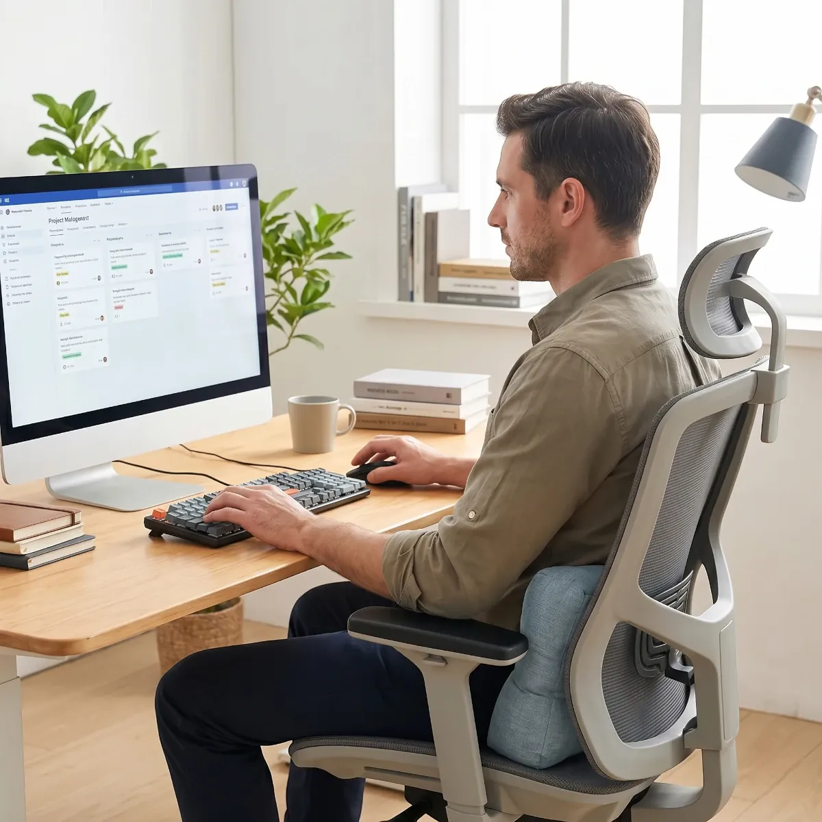 Homme travaillant en home-office avec le Coussin Lombaire Ergonomique Cocon Morpho pour un soutien dorsal et une posture parfaite.