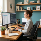 Photographie d'ambiance d'un home office moderne où une femme travaille confortablement avec le Coussin Lombaire Ergonomique Dorsal Core | Mousse à Mémoire de Forme HD - Soulagement & Correction Posturale.