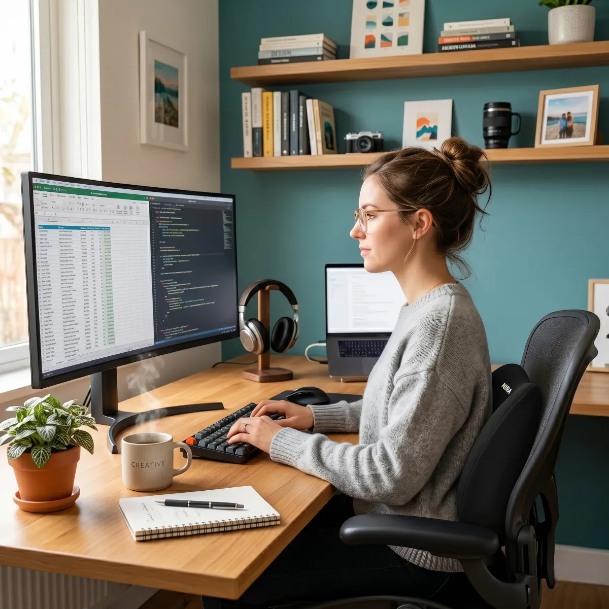 Photographie d'ambiance d'un home office moderne où une femme travaille confortablement avec le Coussin Lombaire Ergonomique Dorsal Core | Mousse à Mémoire de Forme HD - Soulagement & Correction Posturale.