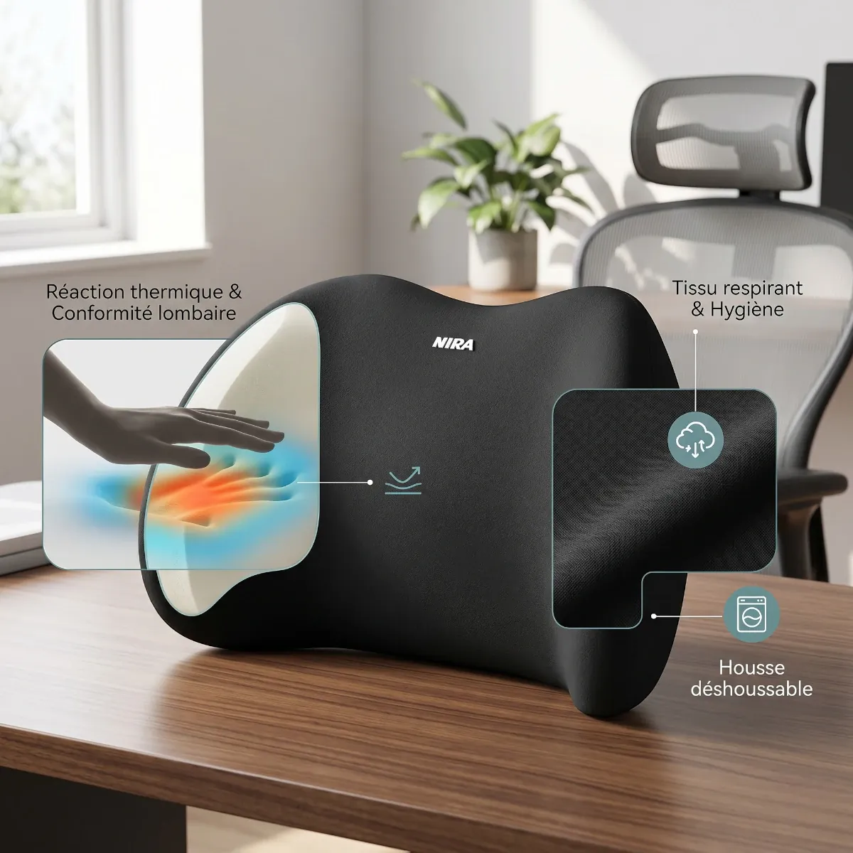 Photo technique détaillée du Coussin Lombaire Ergonomique Dorsal Core | Mousse à Mémoire de Forme HD - Soulagement & Correction Posturale, montrant la réaction thermique de la mousse et les détails du tissu respirant.