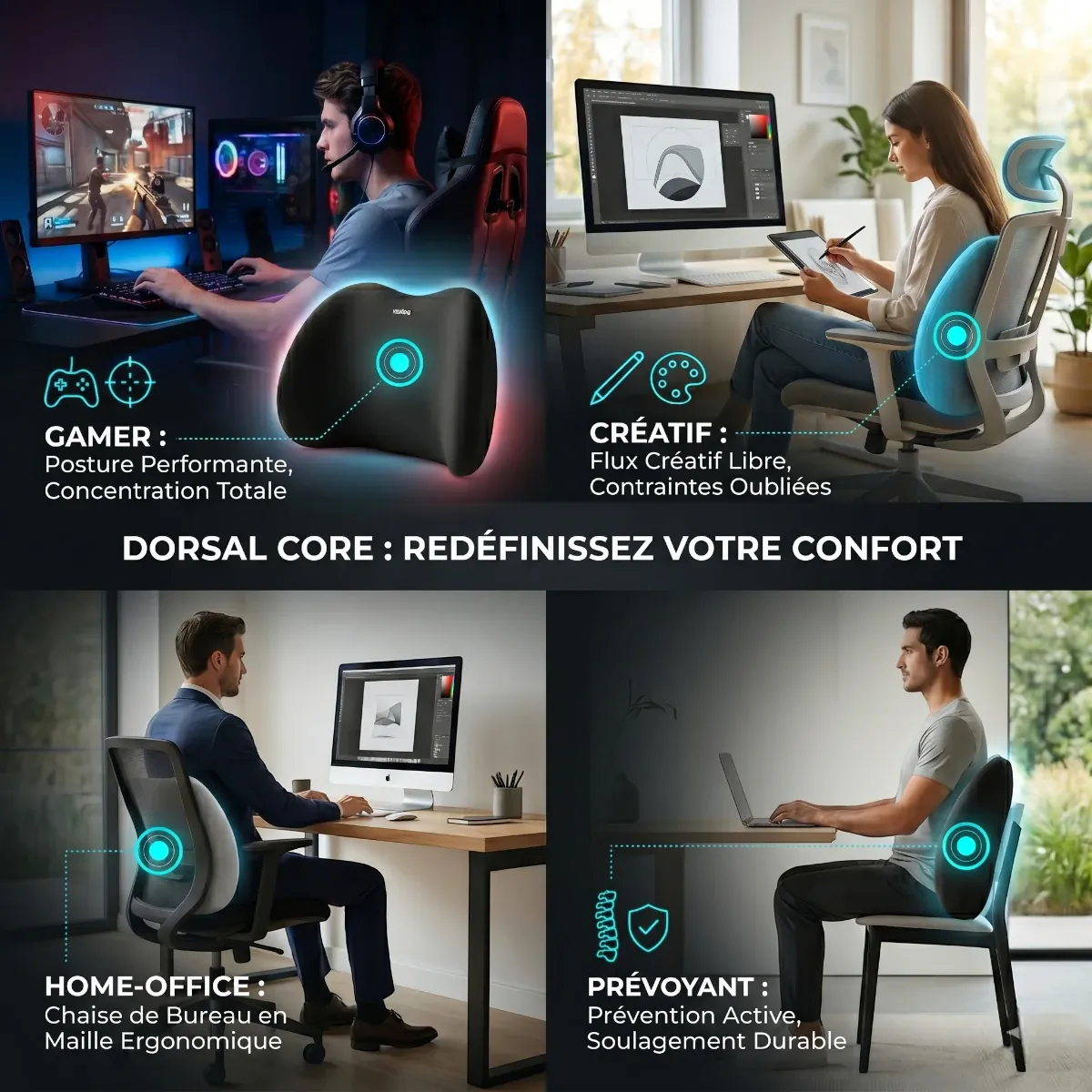 Infographie présentant différents scénarios d'utilisation du Coussin Lombaire Ergonomique Dorsal Core | Mousse à Mémoire de Forme HD - Soulagement & Correction Posturale : gamer, créatif, bureau à domicile et prévention.