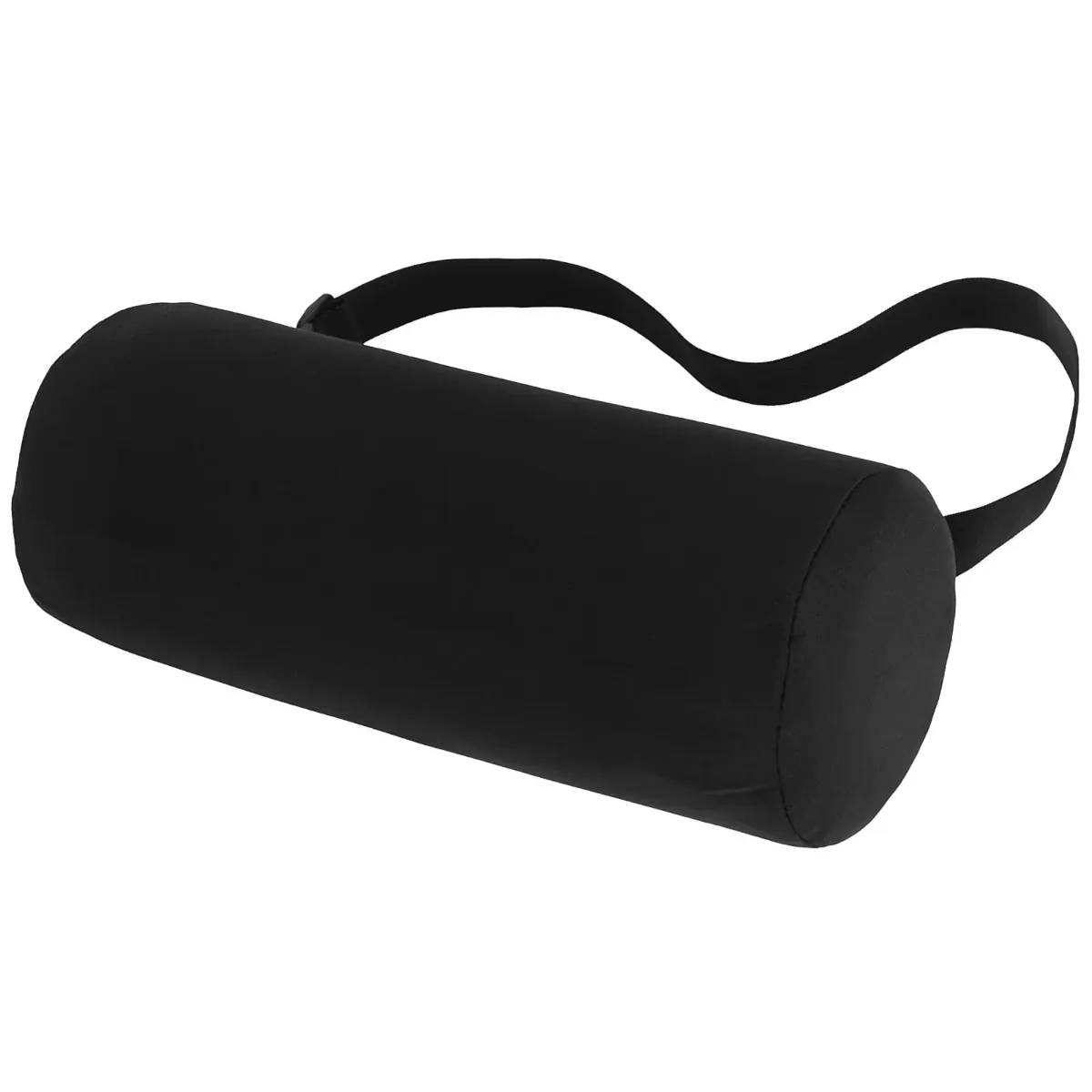 Coussin lombaire ergonomique Spinal Axis noir en mousse à mémoire de forme avec sangle d'ancrage ajustable.