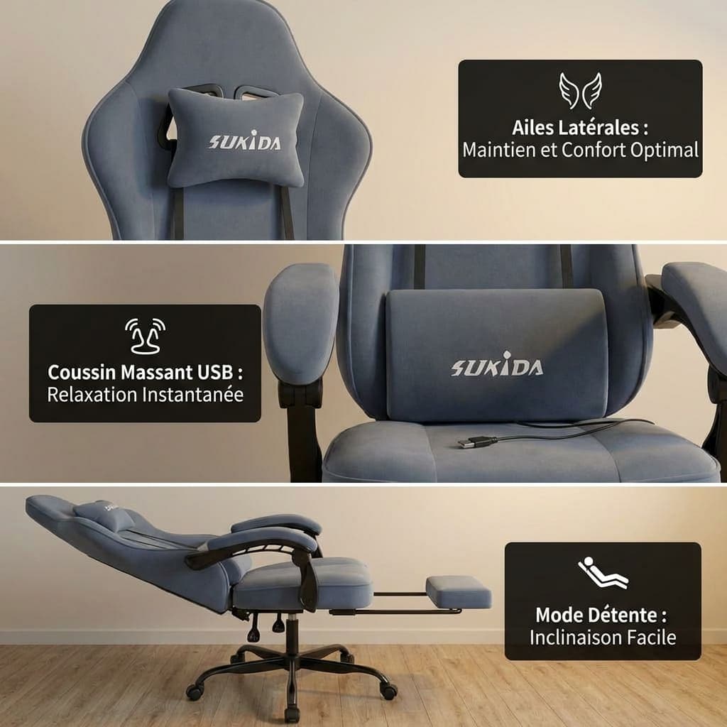 Gros plan sur le coussin massant USB, les ailes latérales et le repose-pieds rétractable.