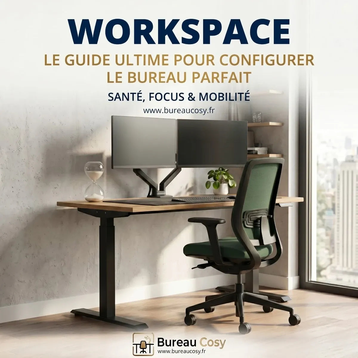 Couverture de l'e-book WORKSPACE par Gaetano Leonardo pour Bureau Cosy, présentant un aménagement de bureau ergonomique moderne avec bureau assis-debout, double écran sur bras articulé et éclairage asymétrique.