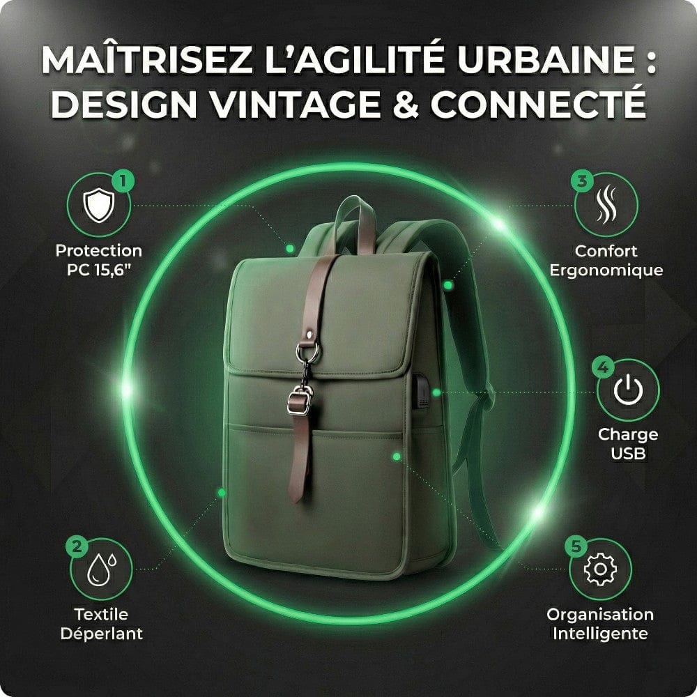Présentation des 5 points clés du design vintage et connecté du sac à dos HK-SHAPE.
