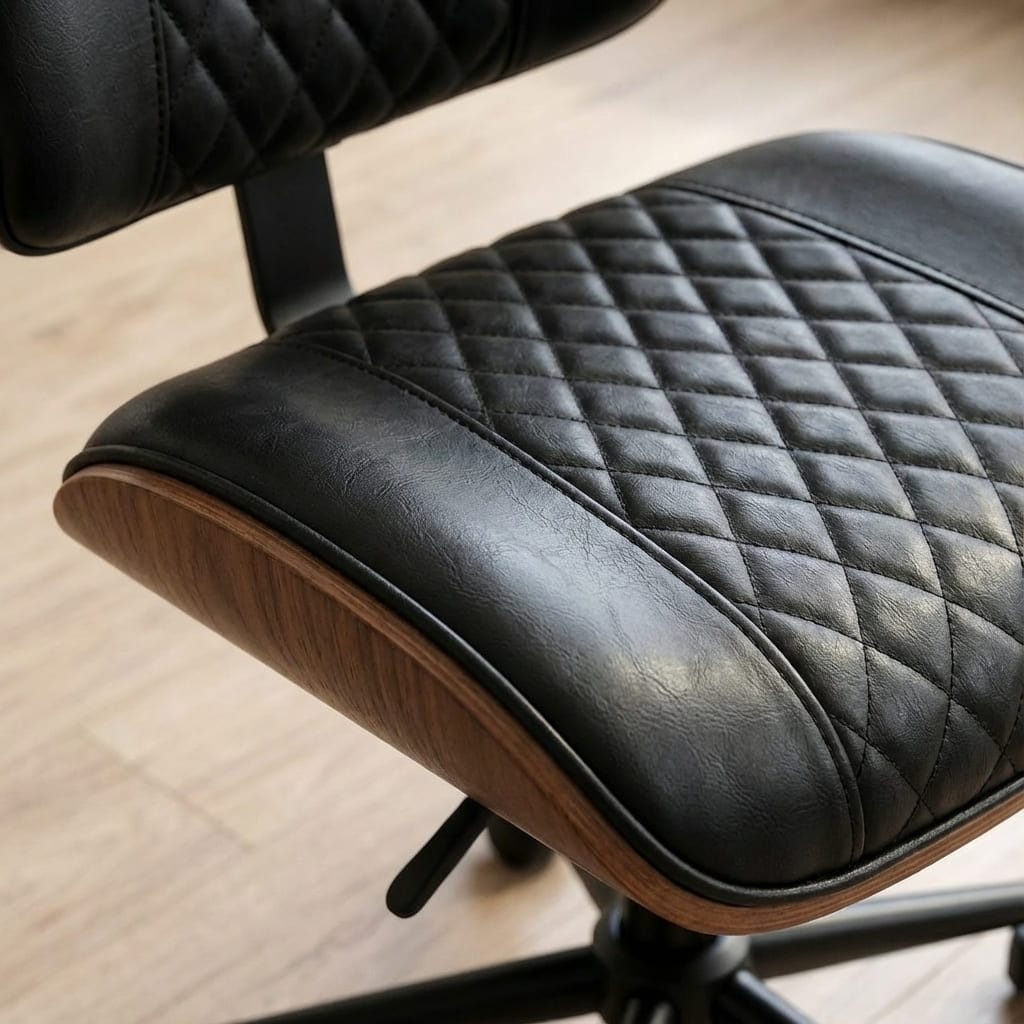 Zoom sur les finitions et le rembourrage matelassé en losanges du siège de bureau ergonomique.