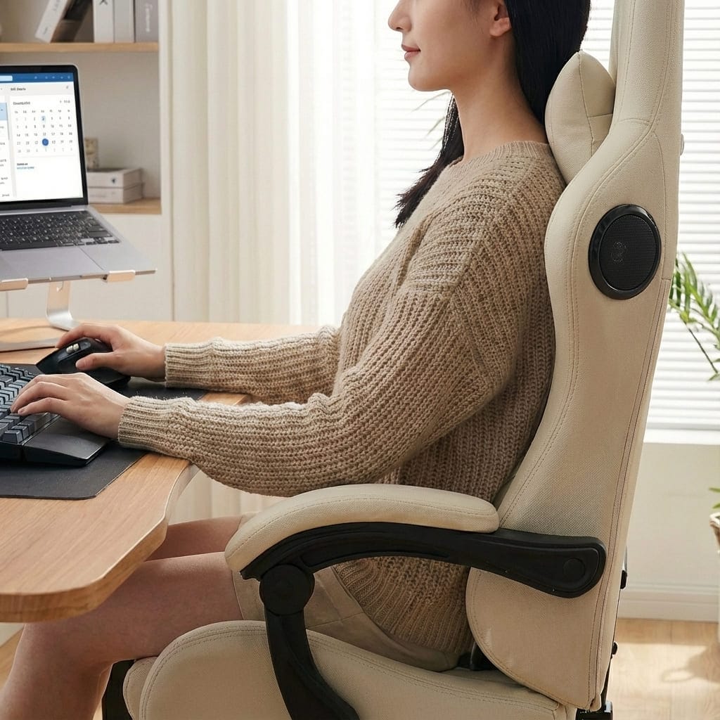 Gros plan sur le dossier ergonomique d'une chaise de bureau ergonomique beige GTPLAYER montrant le haut-parleur Bluetooth 5.1 intégré et l'appui-tête rembourré pour un soutien cervical optimal.