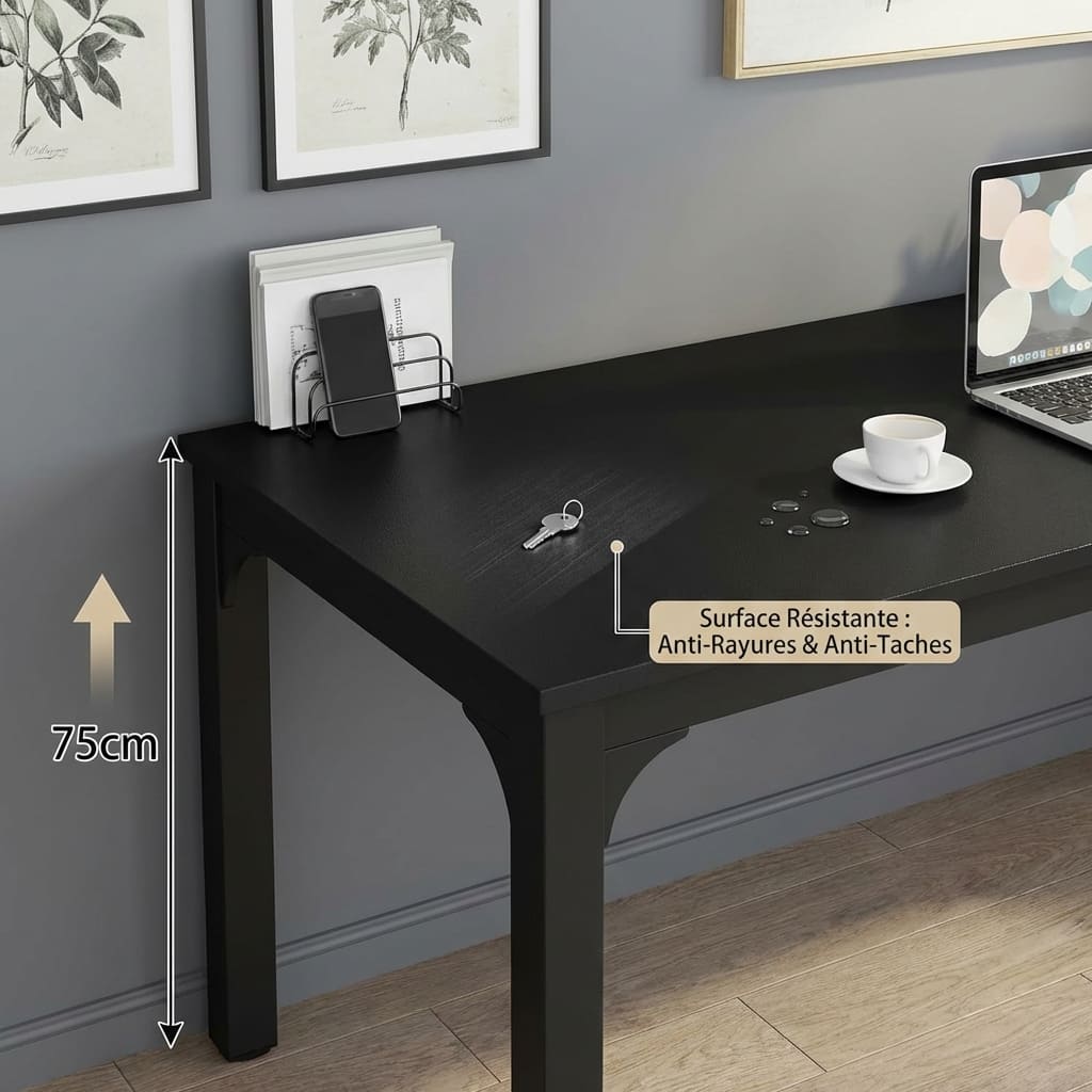 Gros plan sur la surface résistante aux rayures et la hauteur ergonomique de 75 cm du bureau double en bois noir.