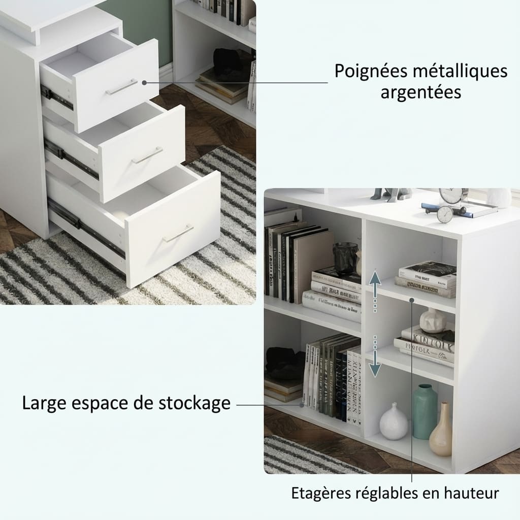 Gros plan sur le système de rangement du bureau d'angle blanc, montrant les trois tiroirs à poignées métalliques argentées ouverts et les étagères latérales réglables en hauteur remplies de livres et décorations.