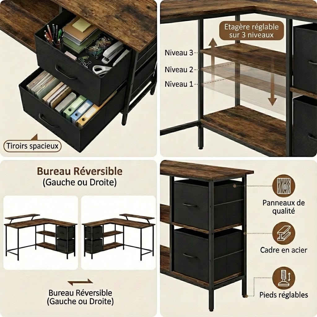 Collage montrant les détails fonctionnels du bureau : tiroirs de rangement spacieux ouverts, étagère réglable sur 3 niveaux, schéma de la configuration réversible (gauche ou droite) et vue des matériaux de qualité (panneaux, cadre en acier, pieds réglables).