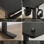 Détails du bureau assis-debout électrique : plateau noir mat, porte-gobelet, crochet casque et structure acier supportant 80 kg.