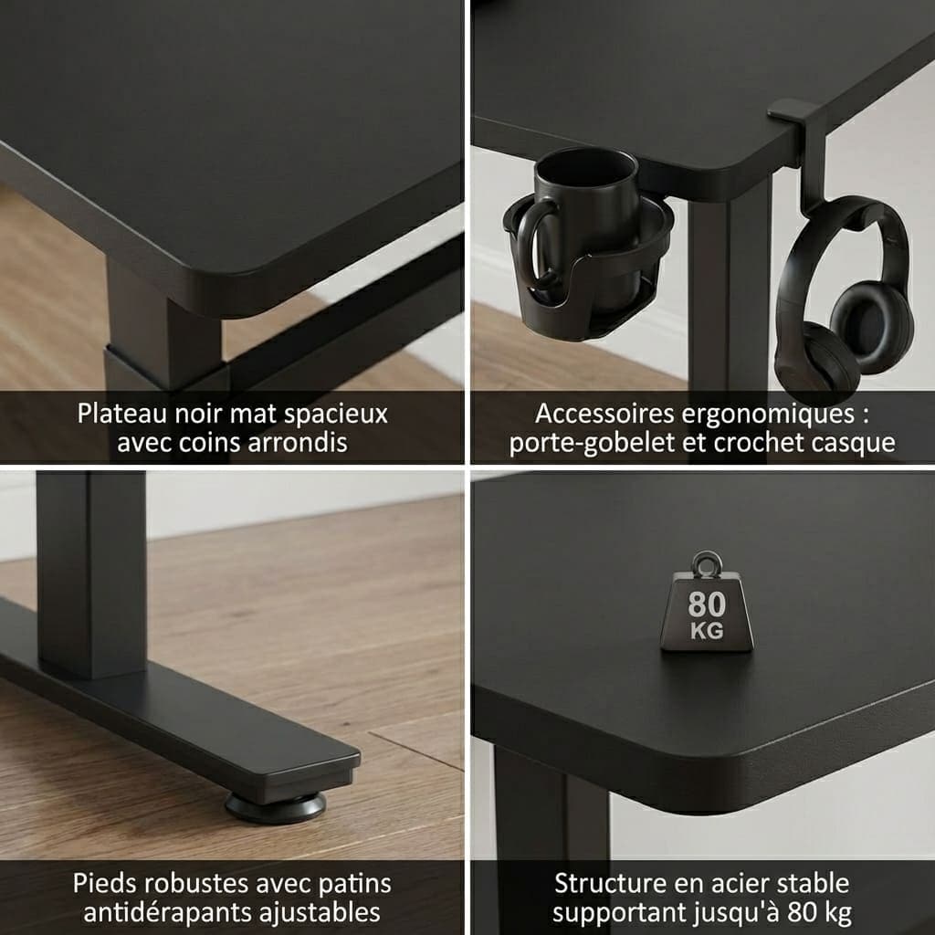 Détails du bureau assis-debout électrique : plateau noir mat, porte-gobelet, crochet casque et structure acier supportant 80 kg.