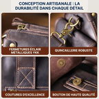 Gros plan sur les finitions d'excellence du porte-documents homme Bastion : fermetures éclair YKK, quincaillerie robuste et coutures durables pour une qualité artisanale.