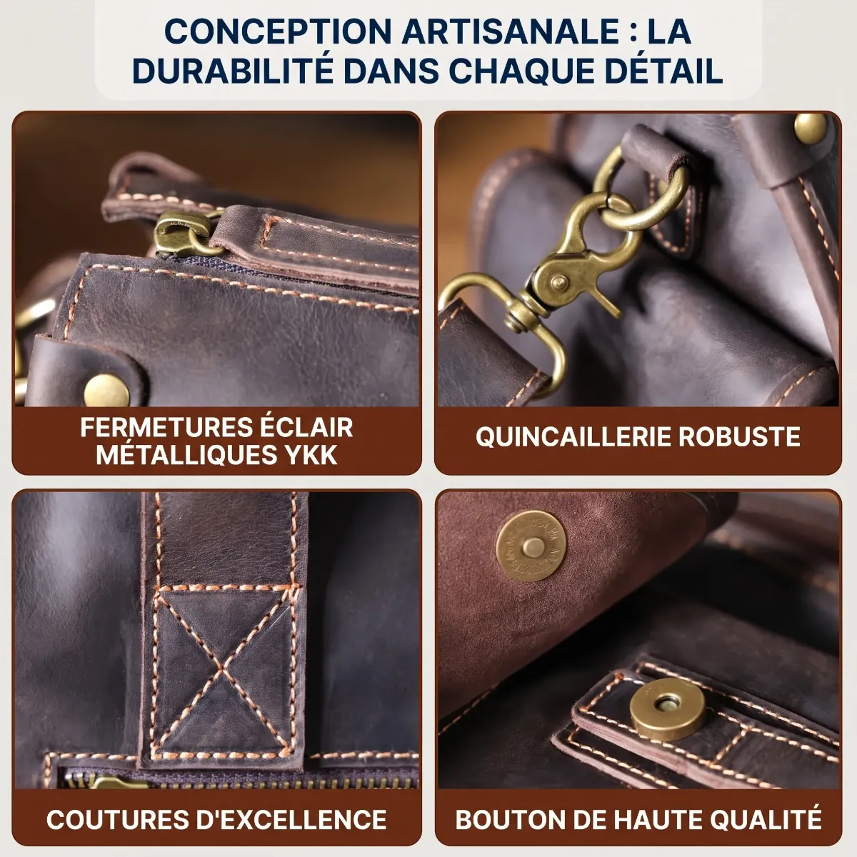 Gros plan sur les finitions d'excellence du porte-documents homme Bastion : fermetures éclair YKK, quincaillerie robuste et coutures durables pour une qualité artisanale.