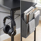 Gros plan sur le crochet pour casque audio et la sacoche de rangement latérale en tissu du bureau bois MDF.