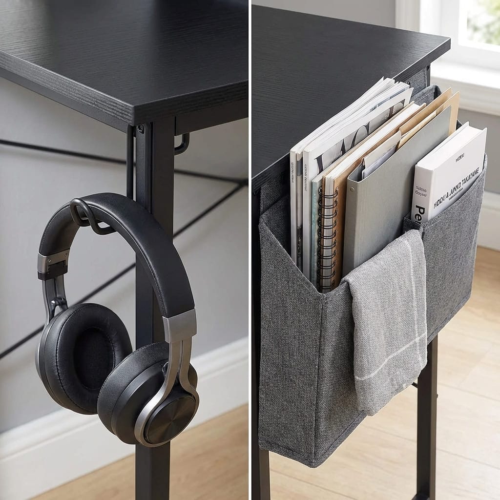 Gros plan sur le crochet pour casque audio et la sacoche de rangement latérale en tissu du bureau bois MDF.