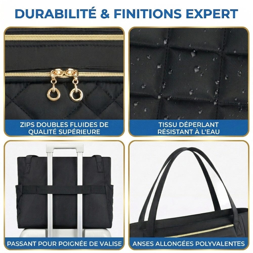 Détails techniques du sac ordinateur L'Ingénieuse : tissu déperlant, zips dorés et passant valise trolley.