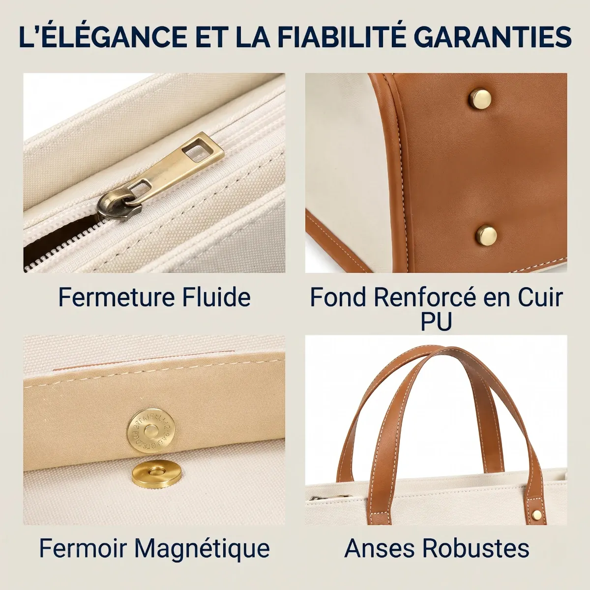 Zoom sur les finitions premium du sac business femme MISSNINE : fermeture fluide, fond renforcé, fermoir magnétique et anses robustes.