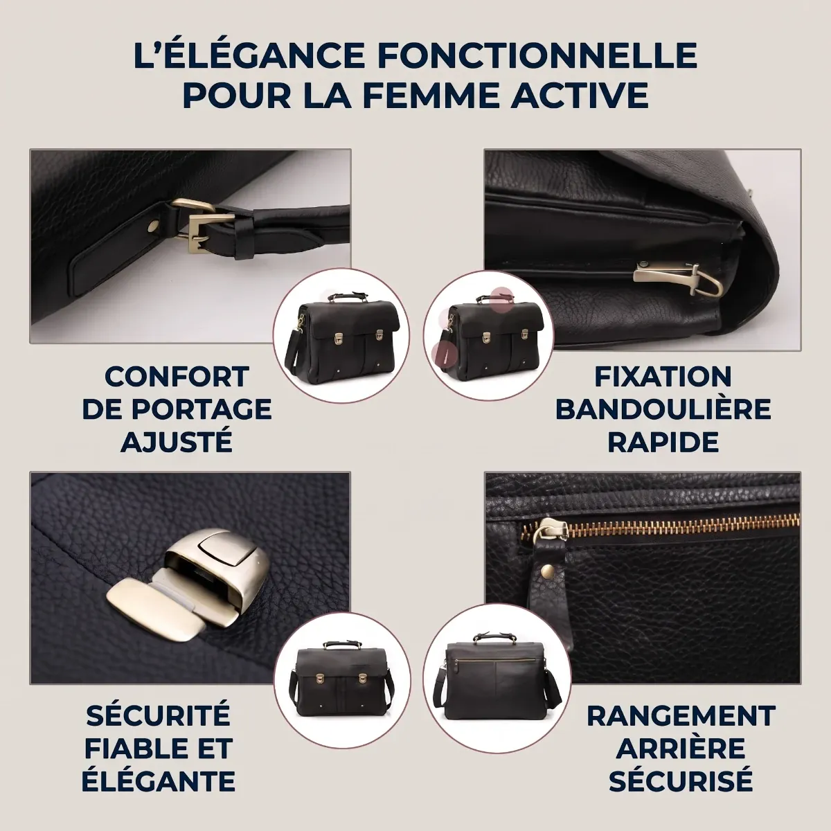 Détails des coutures et fermetures du porte-documents Grainton. Une finition premium qui surpasse une simple sacoche ordi ou un sac à dos ordi femme traditionnel.