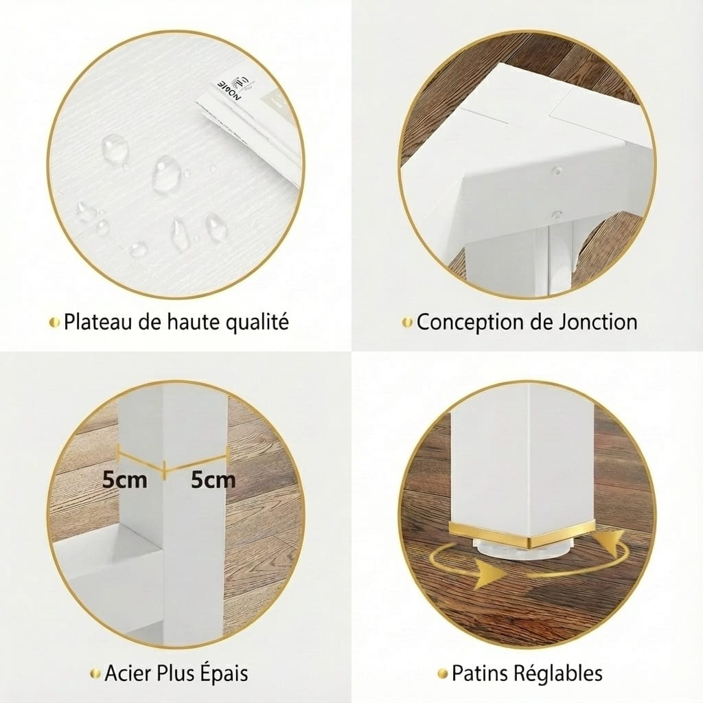 Zoom sur les finitions du bureau : plateau haute qualité hydrofuge, pieds en acier épais de 5x5 cm et patins réglables pour une stabilité parfaite sur tous les sols.