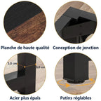 Montage de quatre vignettes circulaires montrant les détails de fabrication du bureau : le grain du bois de haute qualité, la conception des jonctions métalliques, l'épaisseur de la structure en acier de 5,0 cm et les patins réglables à la base des pieds.