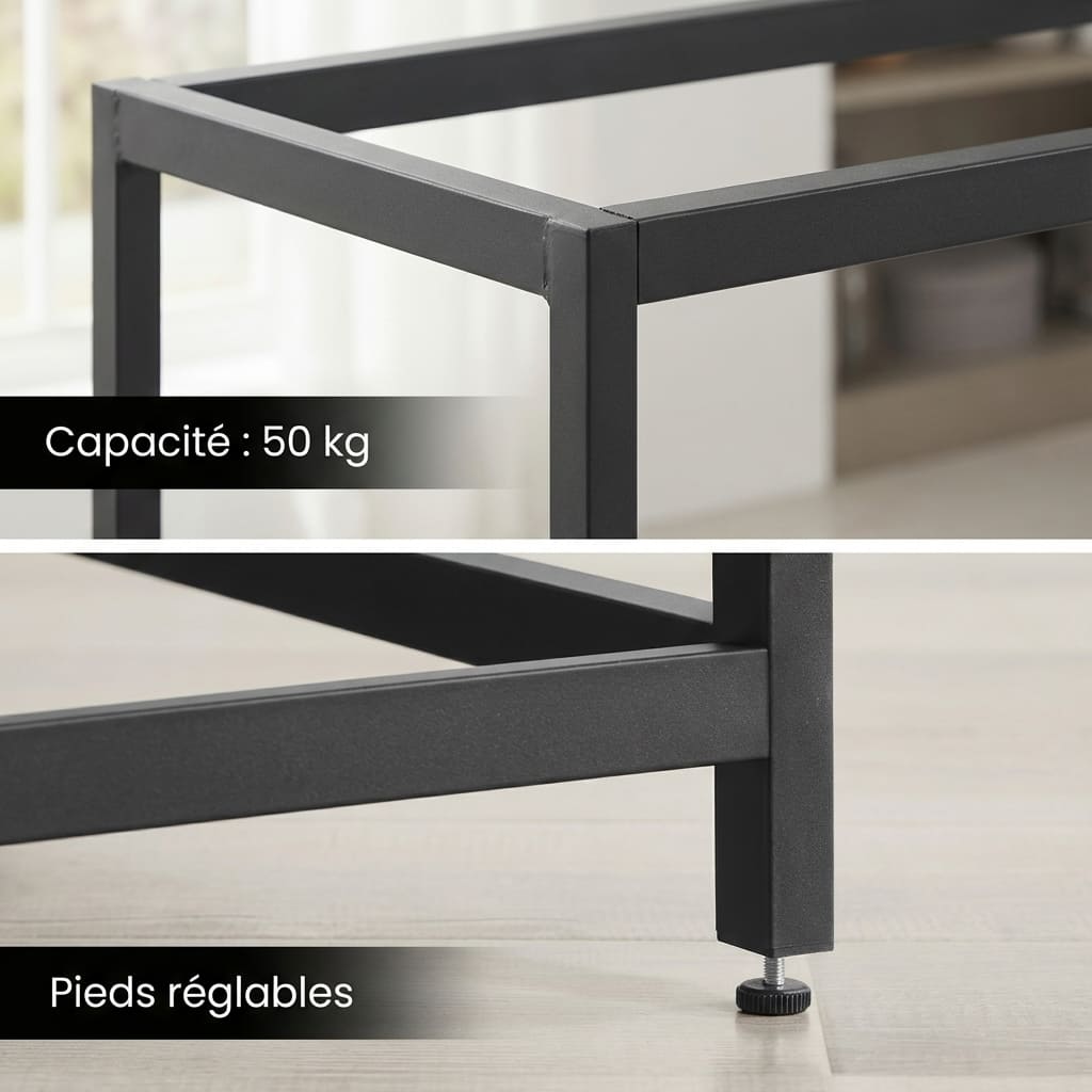 Gros plan sur la structure métallique noire du bureau d'angle, mettant en évidence sa capacité de charge de 50 kg et ses pieds réglables pour une stabilité optimale.