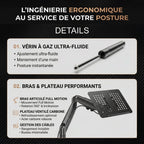 Gros plan sur le vérin à gaz ultra-fluide et la structure en acier du bras articulé ergonomique NB Elite.