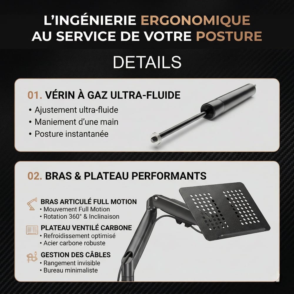 Gros plan sur le vérin à gaz ultra-fluide et la structure en acier du bras articulé ergonomique NB Elite.