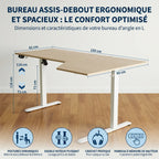 Schéma technique détaillé des dimensions en cm et des fonctionnalités du bureau d'angle assis-debout Kinetik-L.