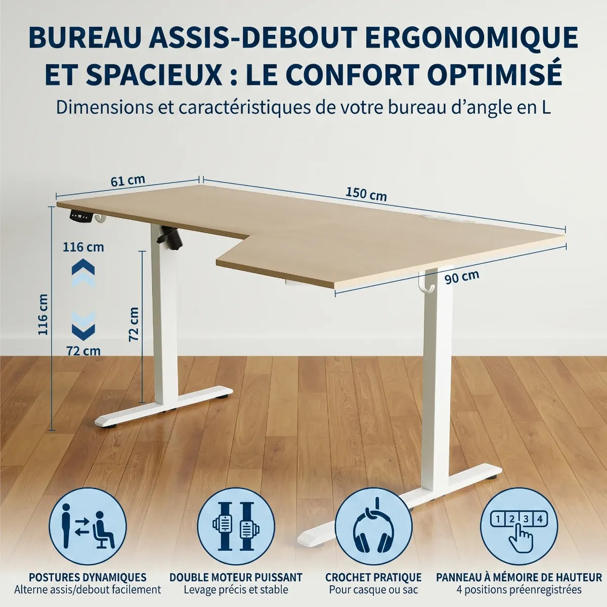 Schéma technique détaillé des dimensions en cm et des fonctionnalités du bureau d'angle assis-debout Kinetik-L.